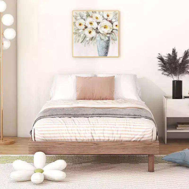Cadre de lit contemporain double, gris, design plateforme flottante
