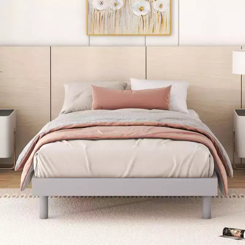 Cadre de lit contemporain double, gris, design plateforme flottante