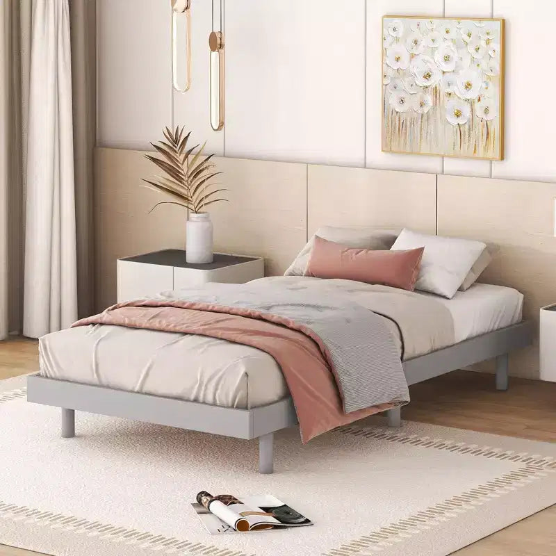Cadre de lit contemporain double, gris, design plateforme flottante