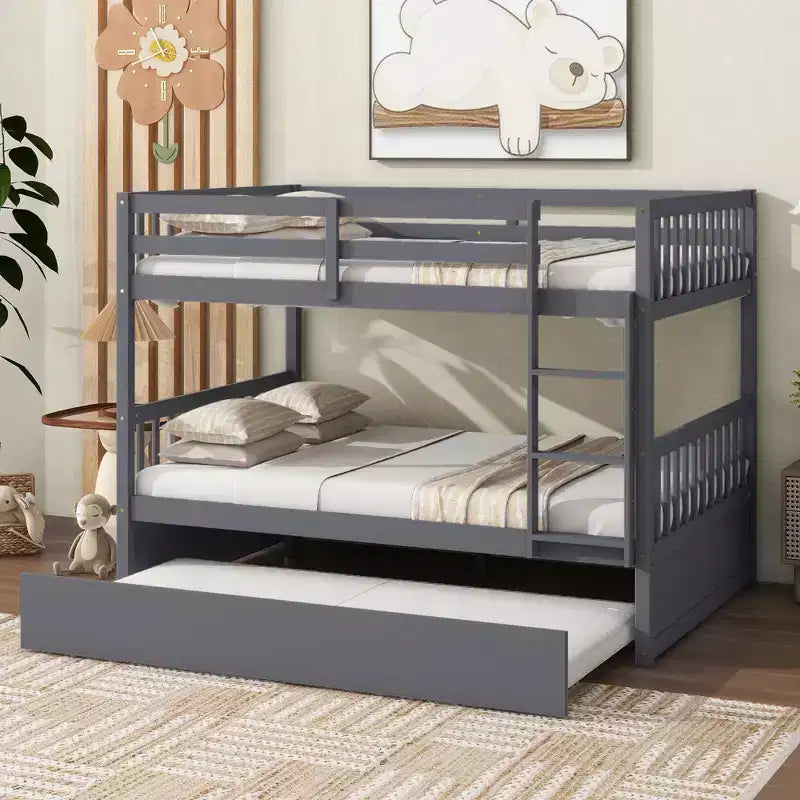 Full Over Full Rubber Wood Bunk Bed with Twin Size Trundle, Ladder and Guardrails  ModernLuxe