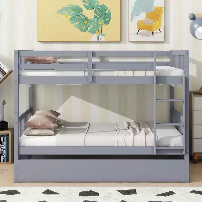 Lit superposé double en bois d'hévéa avec lit gigogne simple, échelle et garde-corps