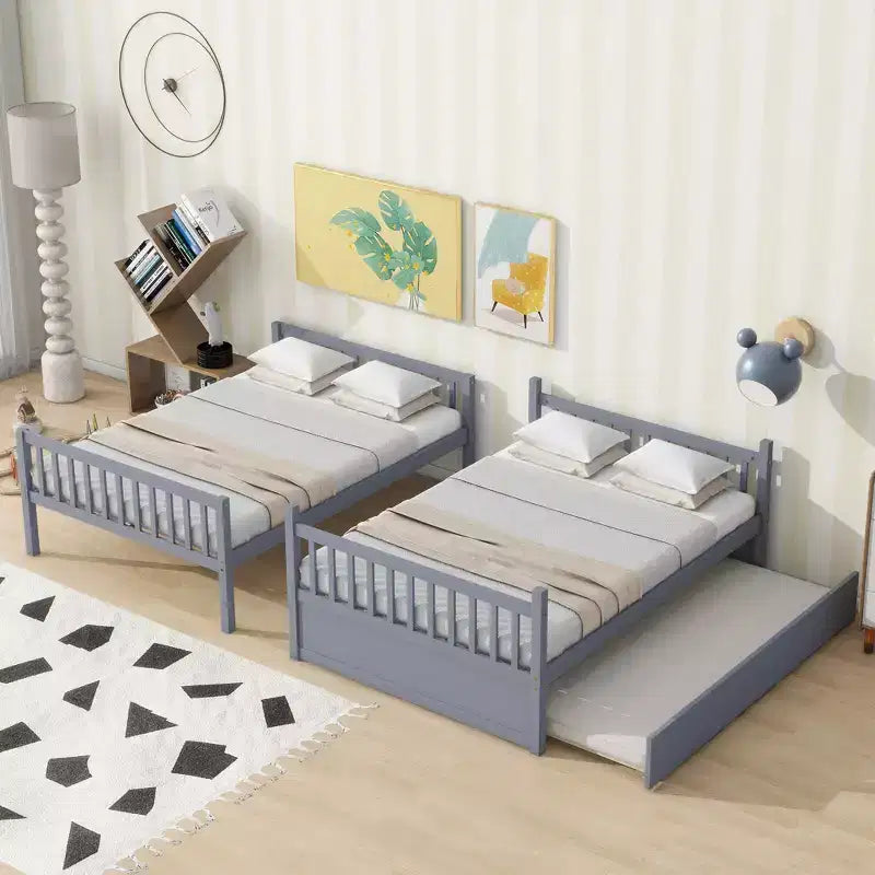 Lit superposé double en bois d'hévéa avec lit gigogne simple, échelle et garde-corps