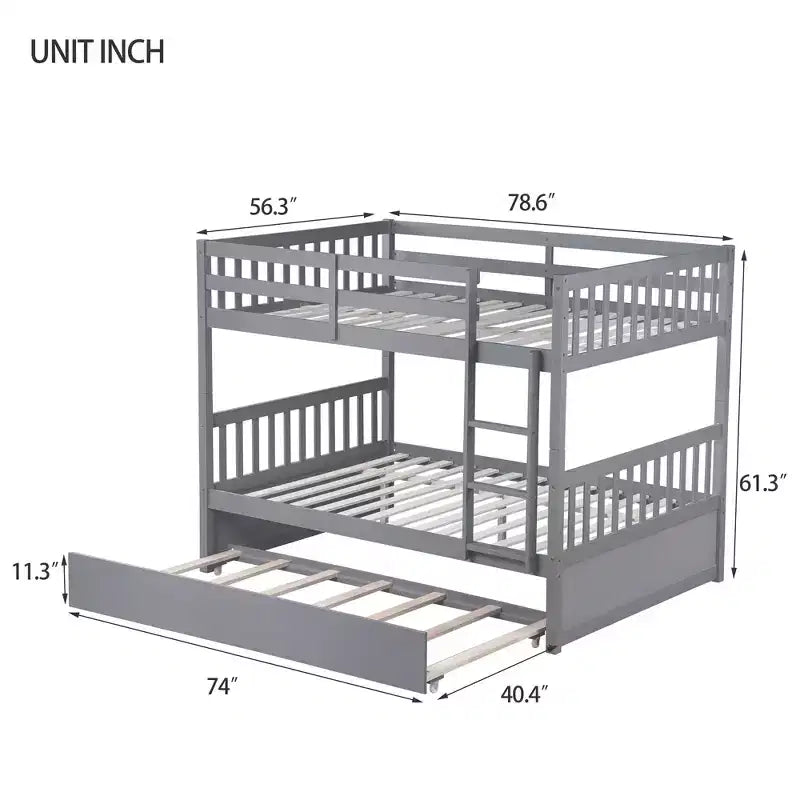 Lit superposé double en bois d'hévéa avec lit gigogne simple, échelle et garde-corps