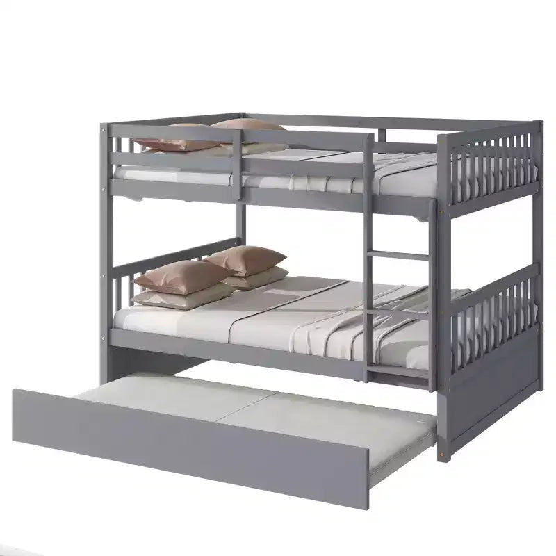 Lit superposé double en bois d'hévéa avec lit gigogne simple, échelle et garde-corps
