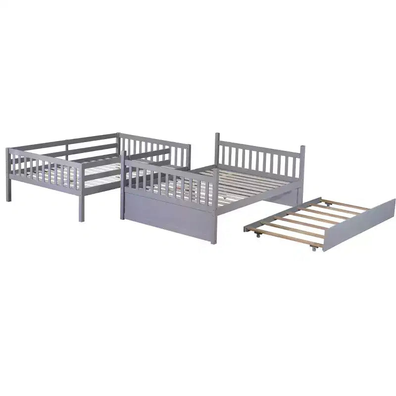 Lit superposé double en bois d'hévéa avec lit gigogne simple, échelle et garde-corps