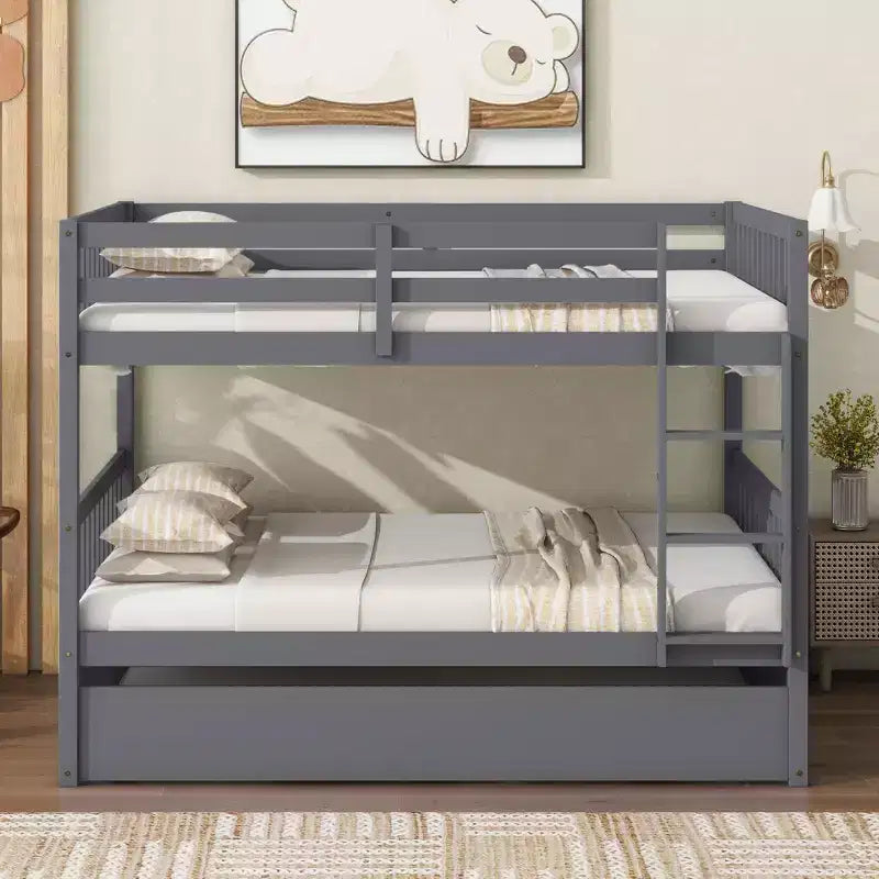 Lit superposé double en bois d'hévéa avec lit gigogne simple, échelle et garde-corps