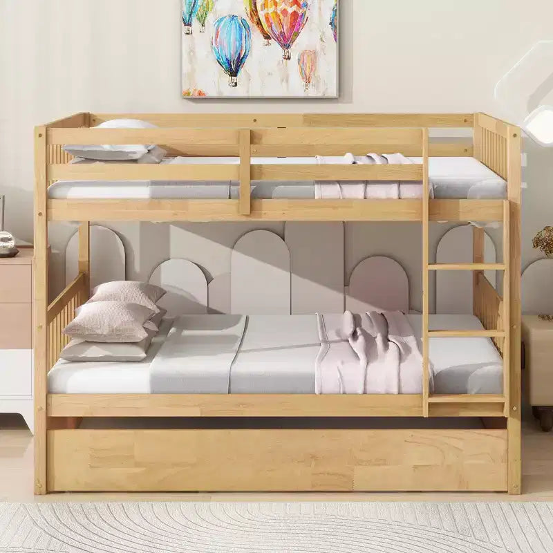 Lit superposé double en bois d'hévéa avec lit gigogne simple, échelle et garde-corps
