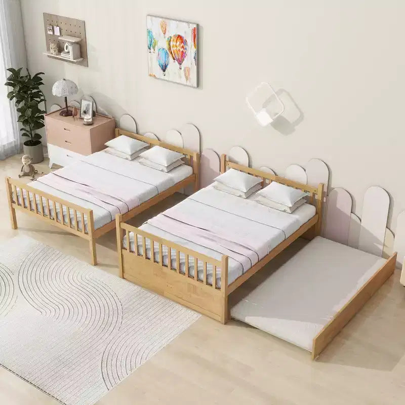 Lit superposé double en bois d'hévéa avec lit gigogne simple, échelle et garde-corps