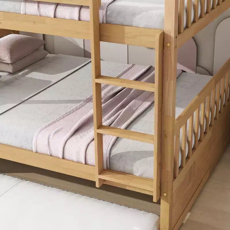 Lit superposé double en bois d'hévéa avec lit gigogne simple, échelle et garde-corps