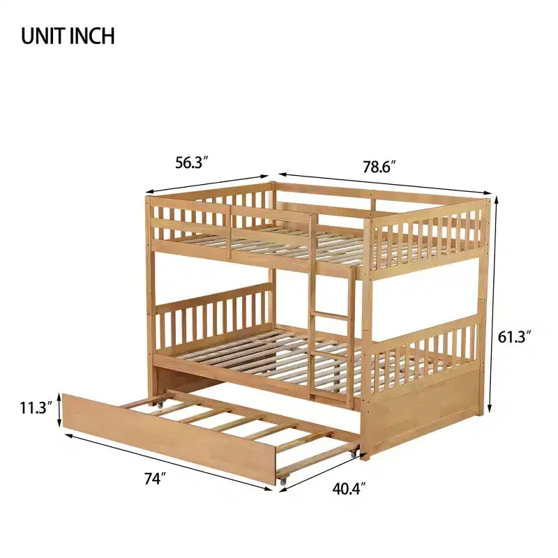 Lit superposé double en bois d'hévéa avec lit gigogne simple, échelle et garde-corps