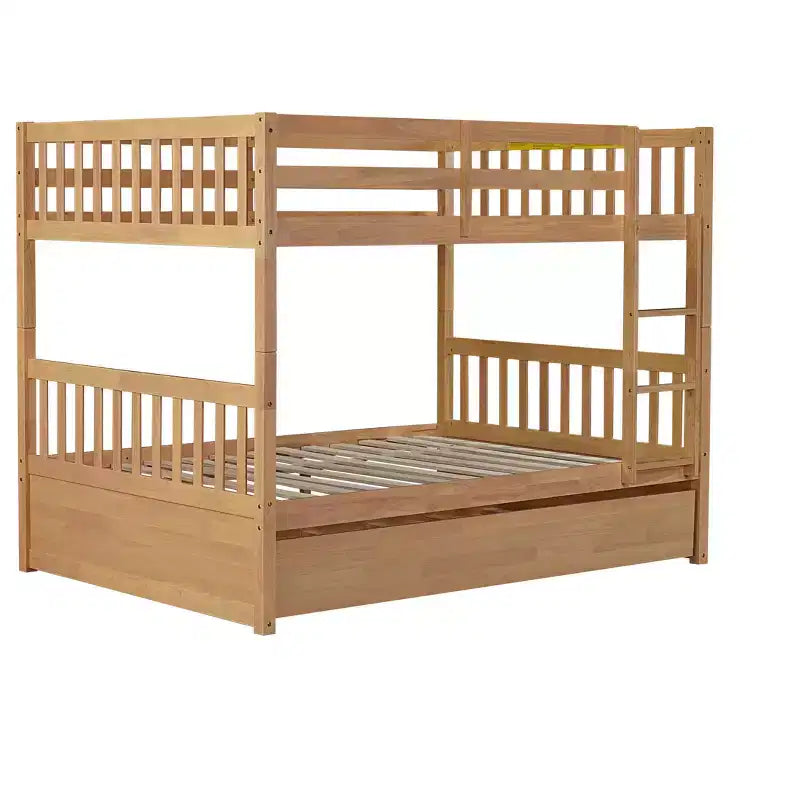 Lit superposé double en bois d'hévéa avec lit gigogne simple, échelle et garde-corps
