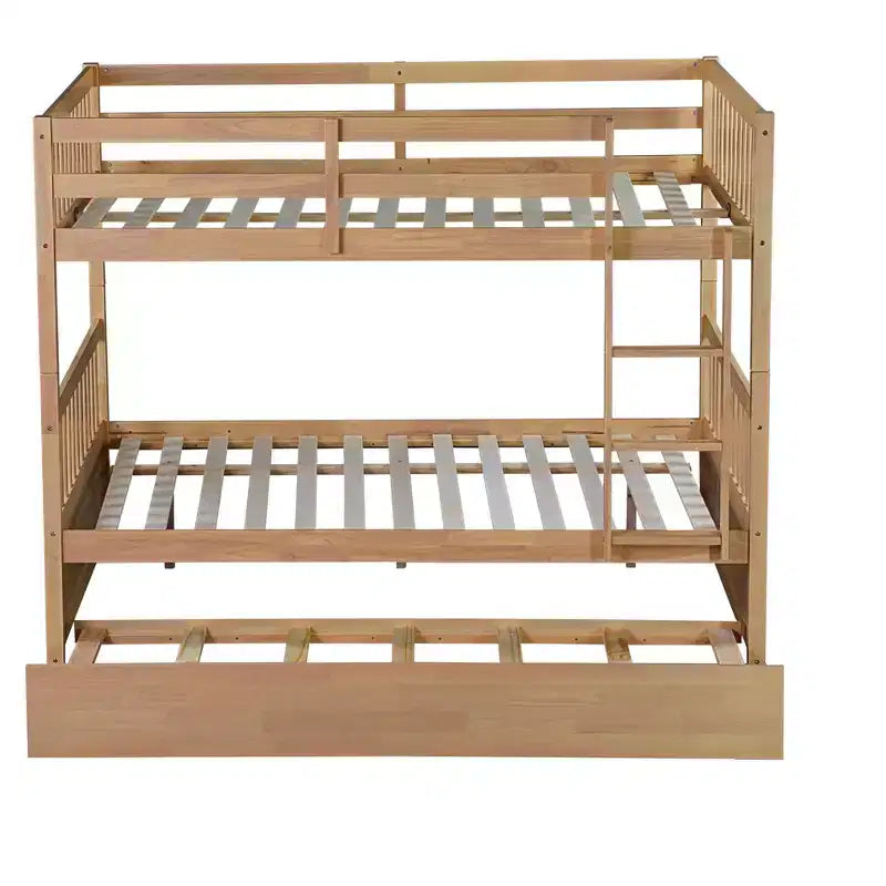 Lit superposé double en bois d'hévéa avec lit gigogne simple, échelle et garde-corps