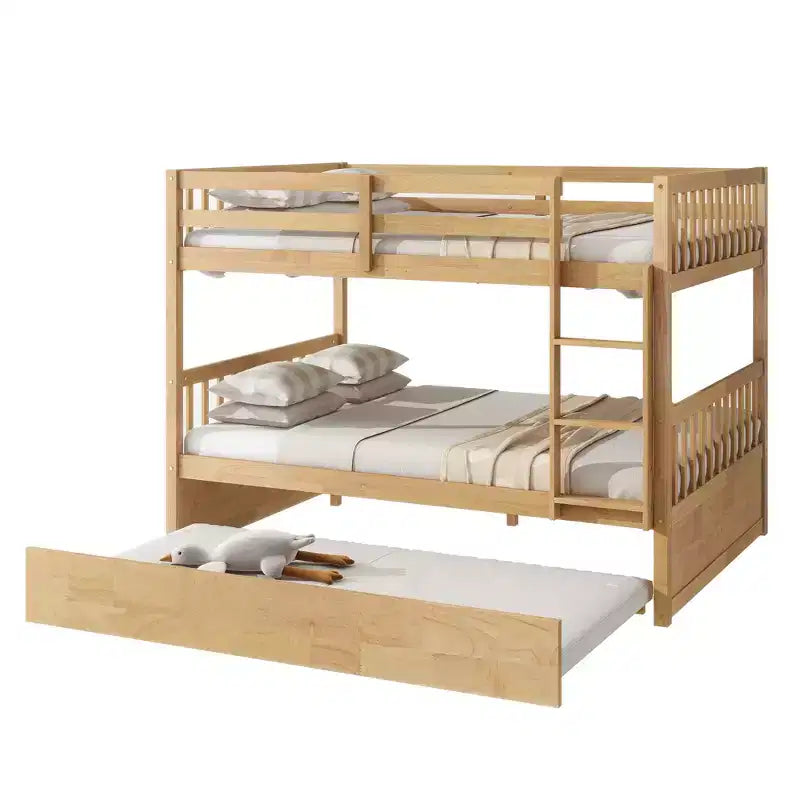 Lit superposé double en bois d'hévéa avec lit gigogne simple, échelle et garde-corps
