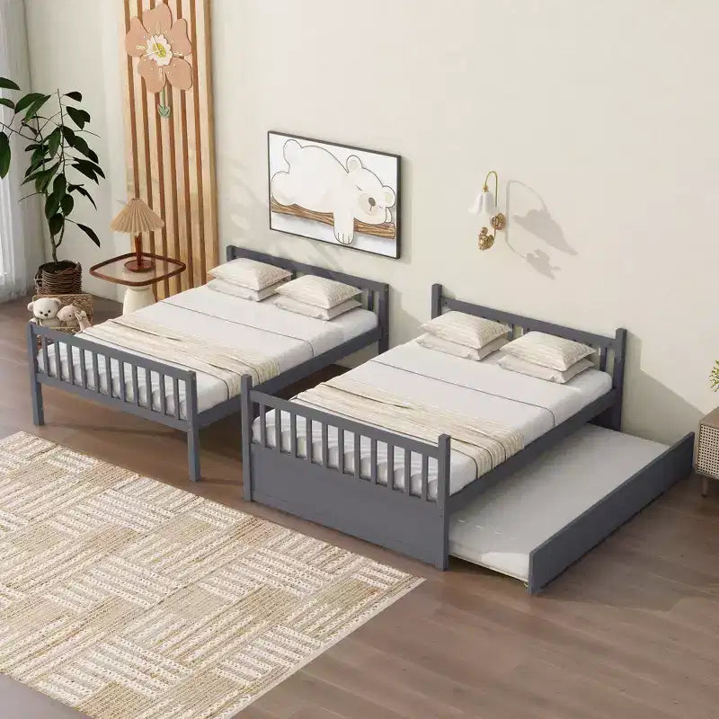 Lit superposé double en bois d'hévéa avec lit gigogne simple, échelle et garde-corps