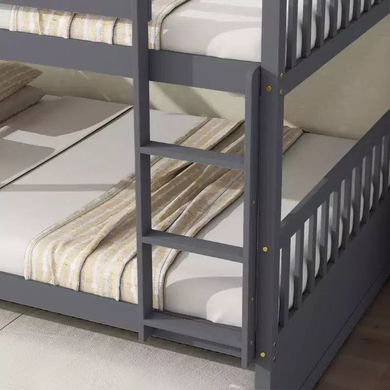 Lit superposé double en bois d'hévéa avec lit gigogne simple, échelle et garde-corps
