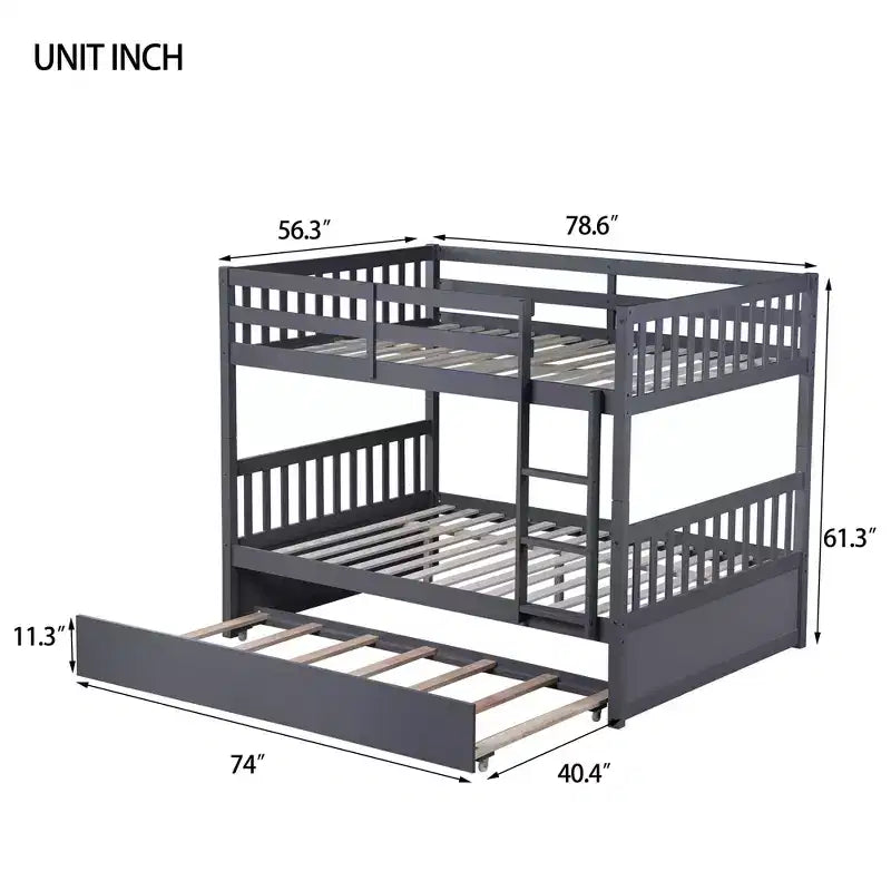 Lit superposé double en bois d'hévéa avec lit gigogne simple, échelle et garde-corps