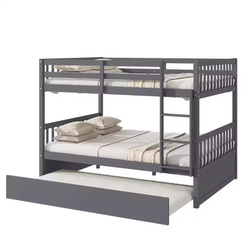 Lit superposé double en bois d'hévéa avec lit gigogne simple, échelle et garde-corps