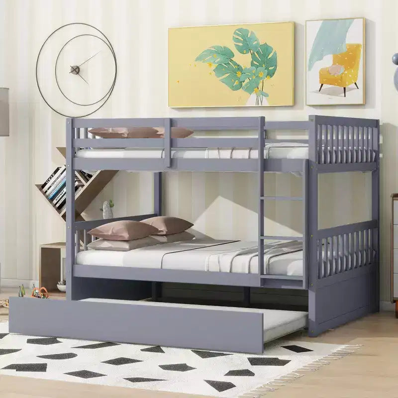 Lit superposé double en bois d'hévéa avec lit gigogne simple, échelle et garde-corps