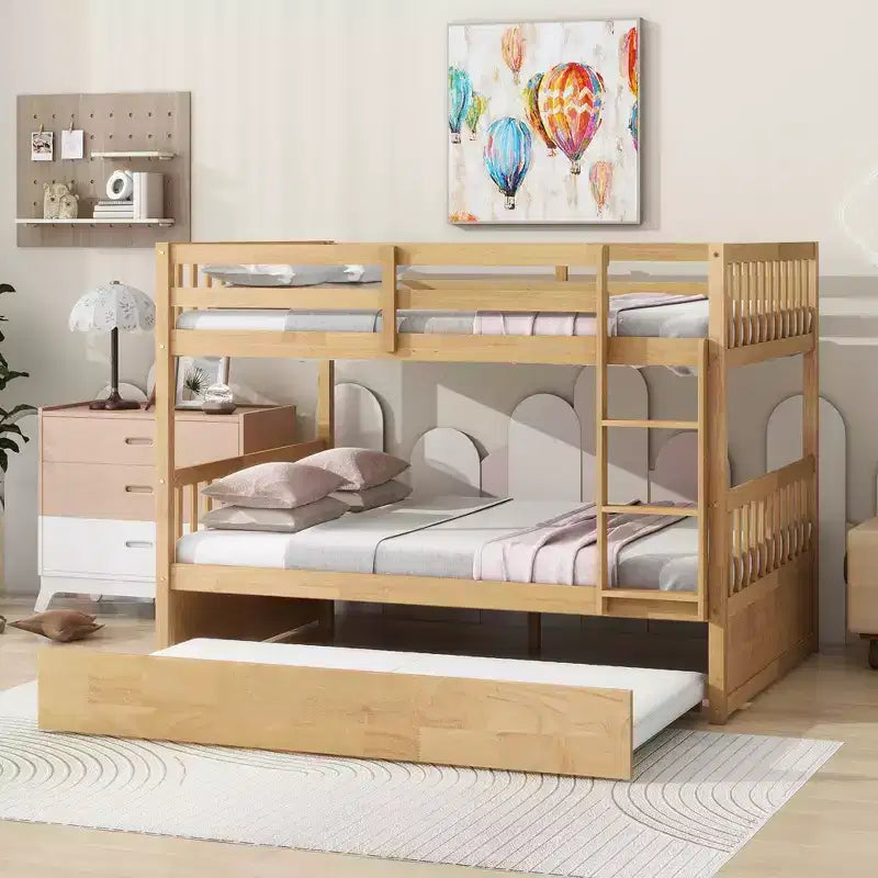 Lit superposé double en bois d'hévéa avec lit gigogne simple, échelle et garde-corps
