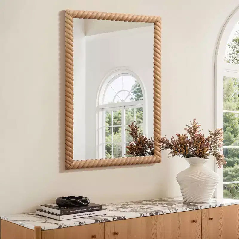 Miroir mural rectangulaire en bois de hêtre de 90 cm de haut, marron, pour coiffeuse ou comme accent décoratif