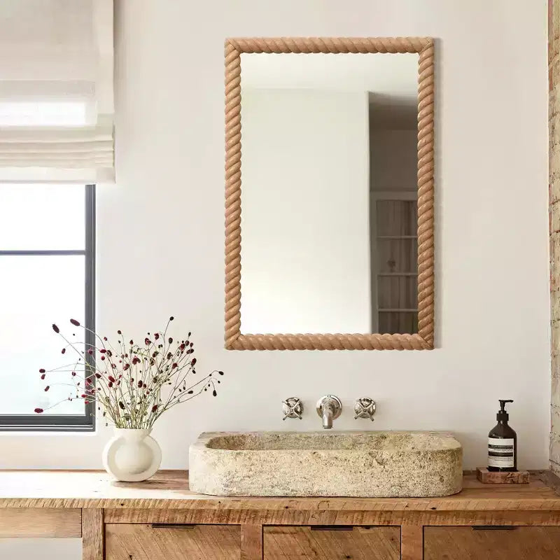 Miroir mural rectangulaire en bois de hêtre de 90 cm de haut, marron, pour coiffeuse ou comme accent décoratif