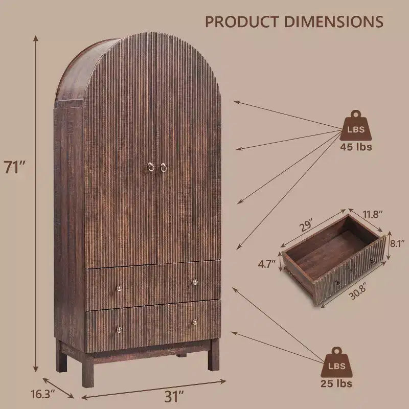 Meuble de rangement haut cintré de 180 cm avec étagères réglables et 2 grands tiroirs