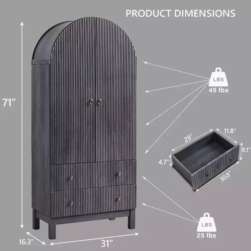 Meuble de rangement haut cintré de 180 cm avec étagères réglables et 2 grands tiroirs