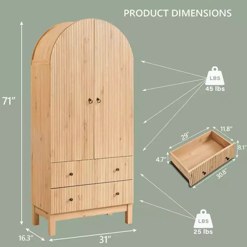 Meuble de rangement haut cintré de 180 cm avec étagères réglables et 2 grands tiroirs