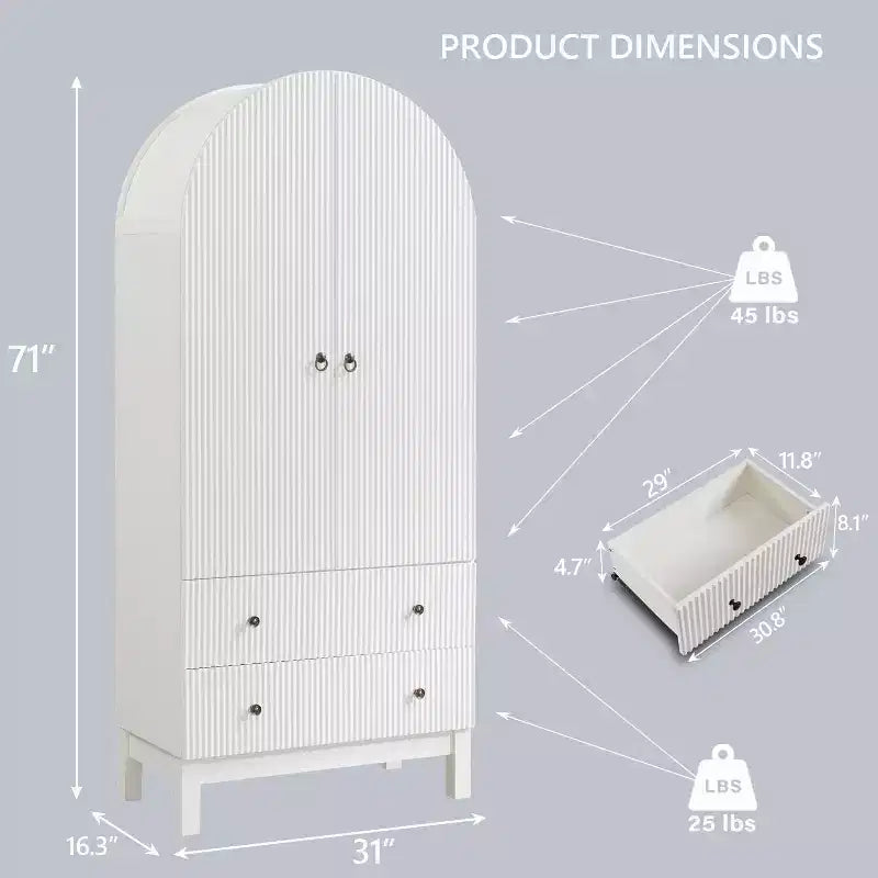 Meuble de rangement haut cintré de 180 cm avec étagères réglables et 2 grands tiroirs