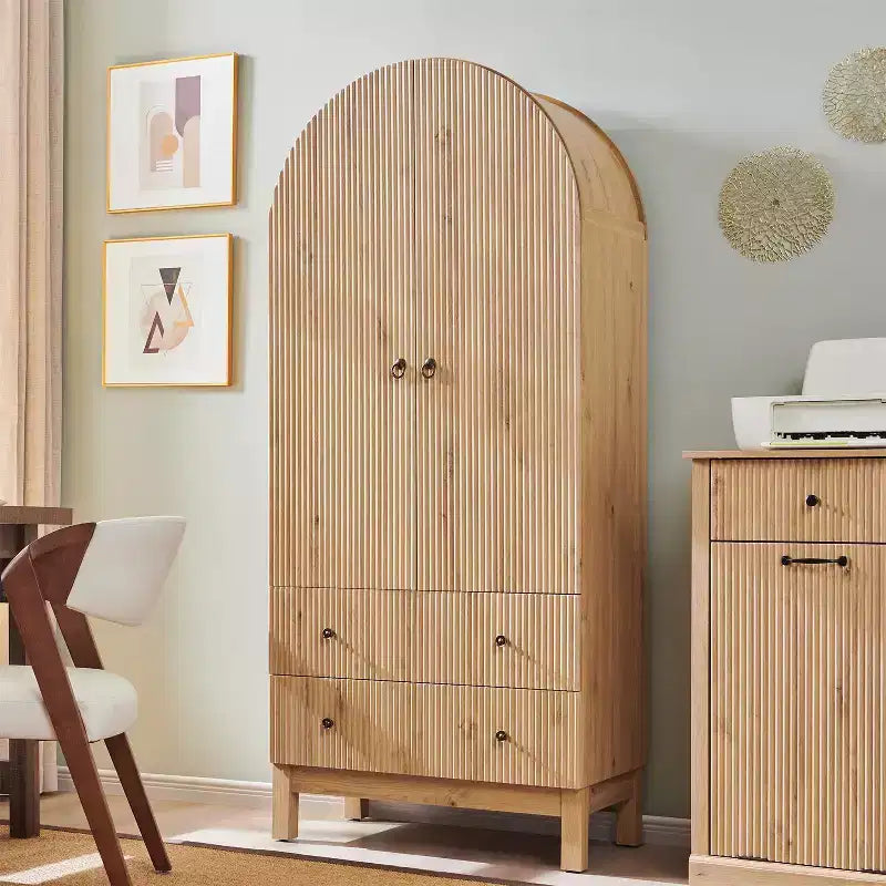 Meuble de rangement haut cintré de 180 cm avec étagères réglables et 2 grands tiroirs