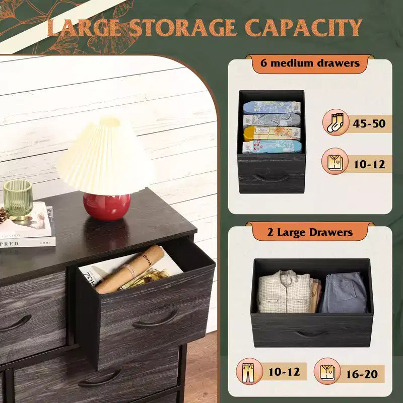 Commode à 8 tiroirs pour chambre à coucher, unité de rangement en tissu, grande commode de rangement
