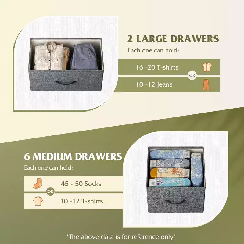 Commode à 8 tiroirs pour chambre à coucher, unité de rangement en tissu, grande commode de rangement