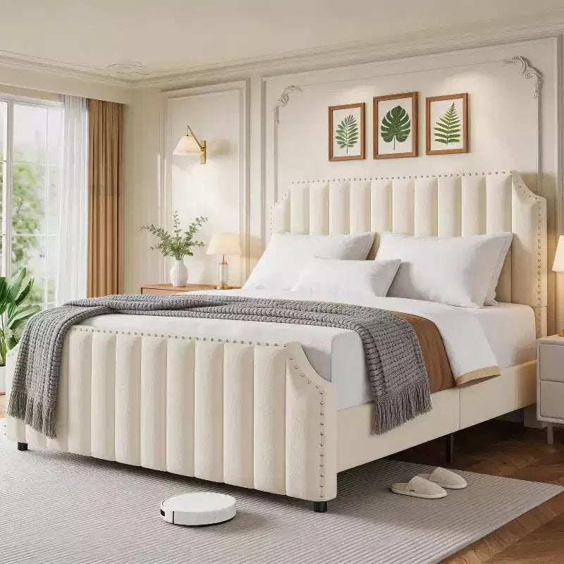 King Velvet Bed Frame, 50.2 Tall Headboard & Footboard, Upholstered Platform Bed Frame with Nailhead Trim, No Box Spring Needed