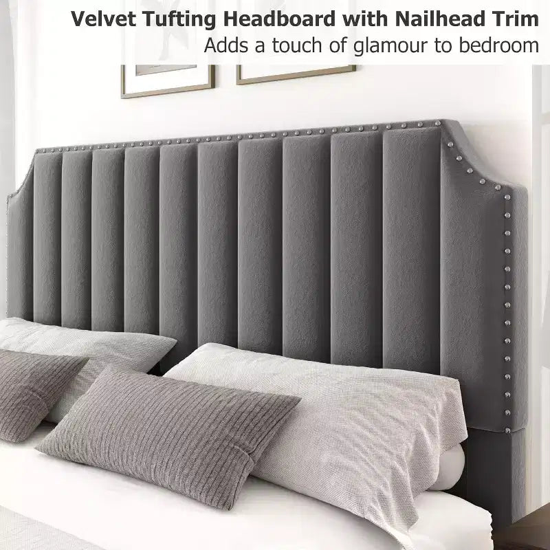 Cadre de lit King en velours, tête de lit et pied de lit de 127,5 cm de hauteur, cadre de lit plateforme rembourré