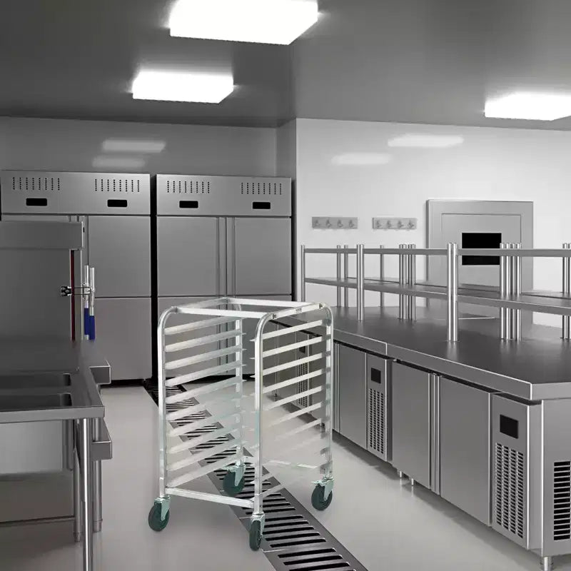 Étagères de boulangerie commerciales à 10 niveaux avec roues freinées, Chariot de rangement en aluminium