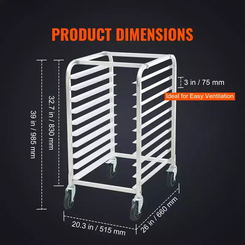 Étagères de boulangerie commerciales à 10 niveaux avec roues freinées, Chariot de rangement en aluminium