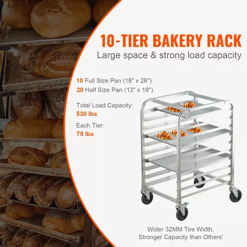 Étagères de boulangerie commerciales à 10 niveaux avec roues freinées, Chariot de rangement en aluminium