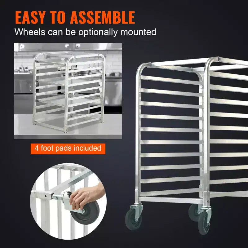 Étagères de boulangerie commerciales à 10 niveaux avec roues freinées, Chariot de rangement en aluminium