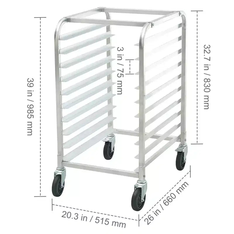 Étagères de boulangerie commerciales à 10 niveaux avec roues freinées, Chariot de rangement en aluminium