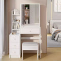 Okak Vanity Table Mirror with Lights and Table Set,29.2 Small Space Left Bedside Cabinet Vanity Table with Multi Layer High Capacity Storage,White