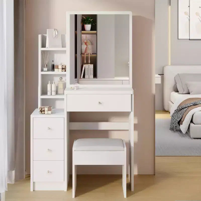 Okak Vanity Table Mirror with Lights and Table Set,29.2 Small Space Left Bedside Cabinet Vanity Table with Multi Layer High Capacity Storage,White
