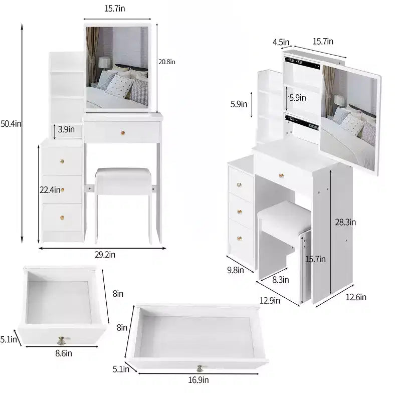 Table de toilette miroir avec lumières et table, petite table de chevet de 29,2 pour espace restreint