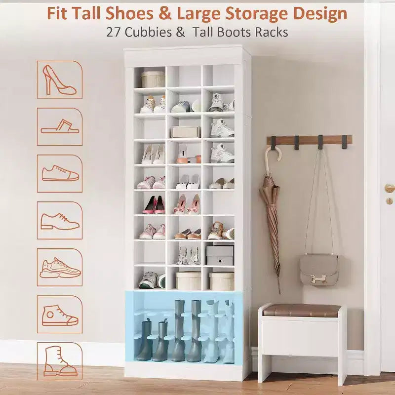 Porte-manteau avec banc, 15 casiers à chaussures et 5 patères, Meuble de rangement à chaussures pour entrée