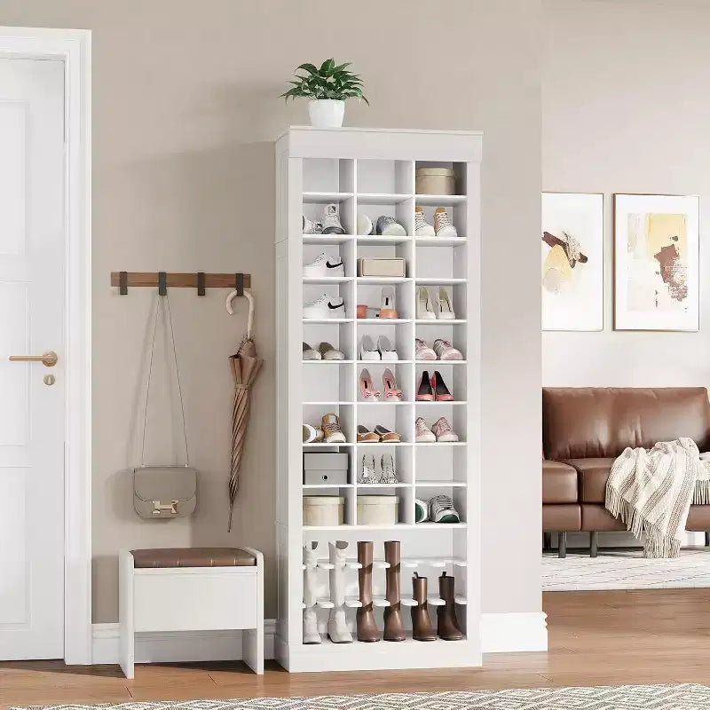 Porte-manteau avec banc, 15 casiers à chaussures et 5 patères, Meuble de rangement à chaussures pour entrée