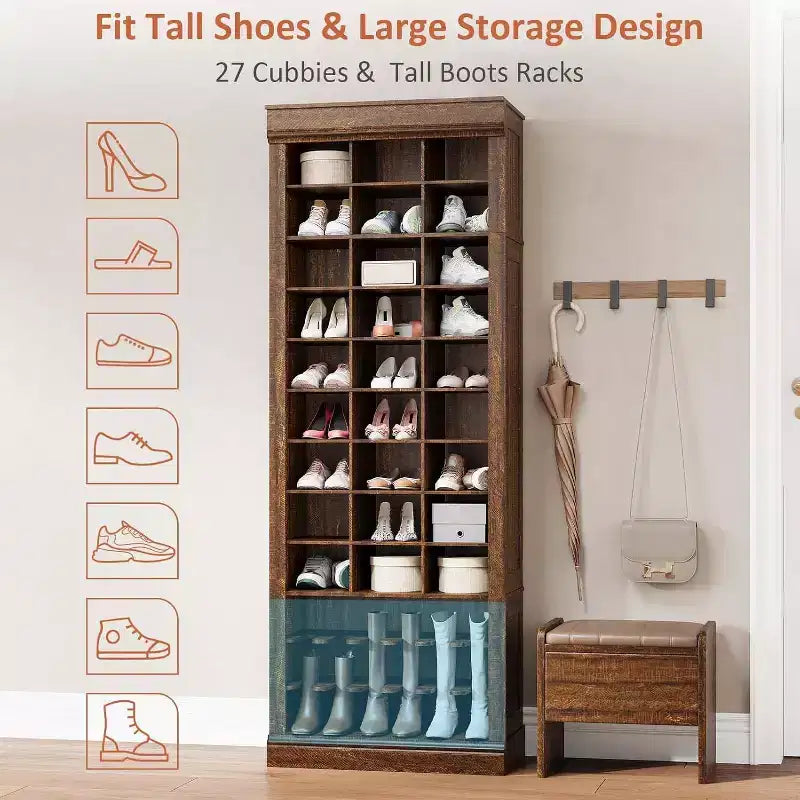 Porte-manteau avec banc, 15 casiers à chaussures et 5 patères, Meuble de rangement à chaussures pour entrée