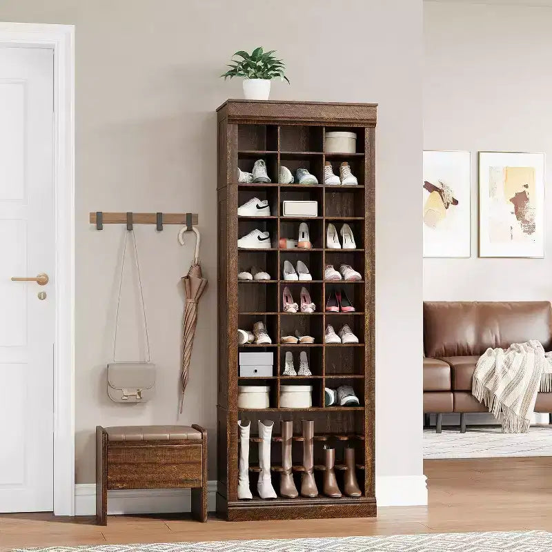 Porte-manteau avec banc, 15 casiers à chaussures et 5 patères, Meuble de rangement à chaussures pour entrée