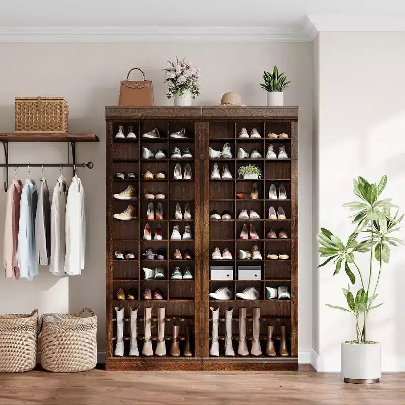 Porte-manteau avec banc, 15 casiers à chaussures et 5 patères, Meuble de rangement à chaussures pour entrée