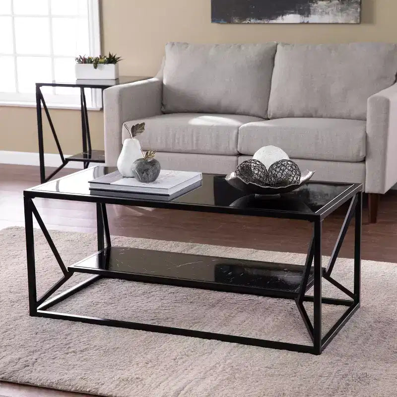 Table basse cocktail avec plateau en verre et rangement, noir
