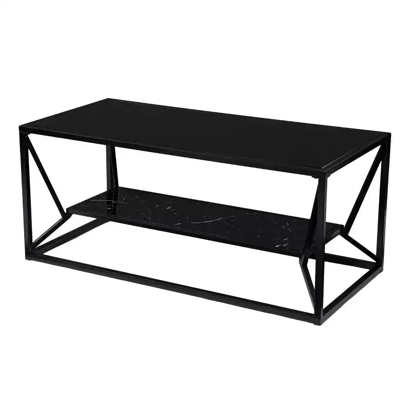 Table basse cocktail avec plateau en verre et rangement, noir