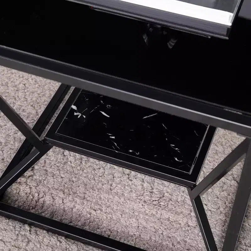 Table basse cocktail avec plateau en verre et rangement, noir